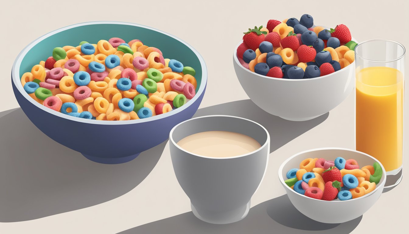 A bowl of All Bran next to a bowl of Kellogg's Froot Loops, surrounded by various fruits and a glass of milk