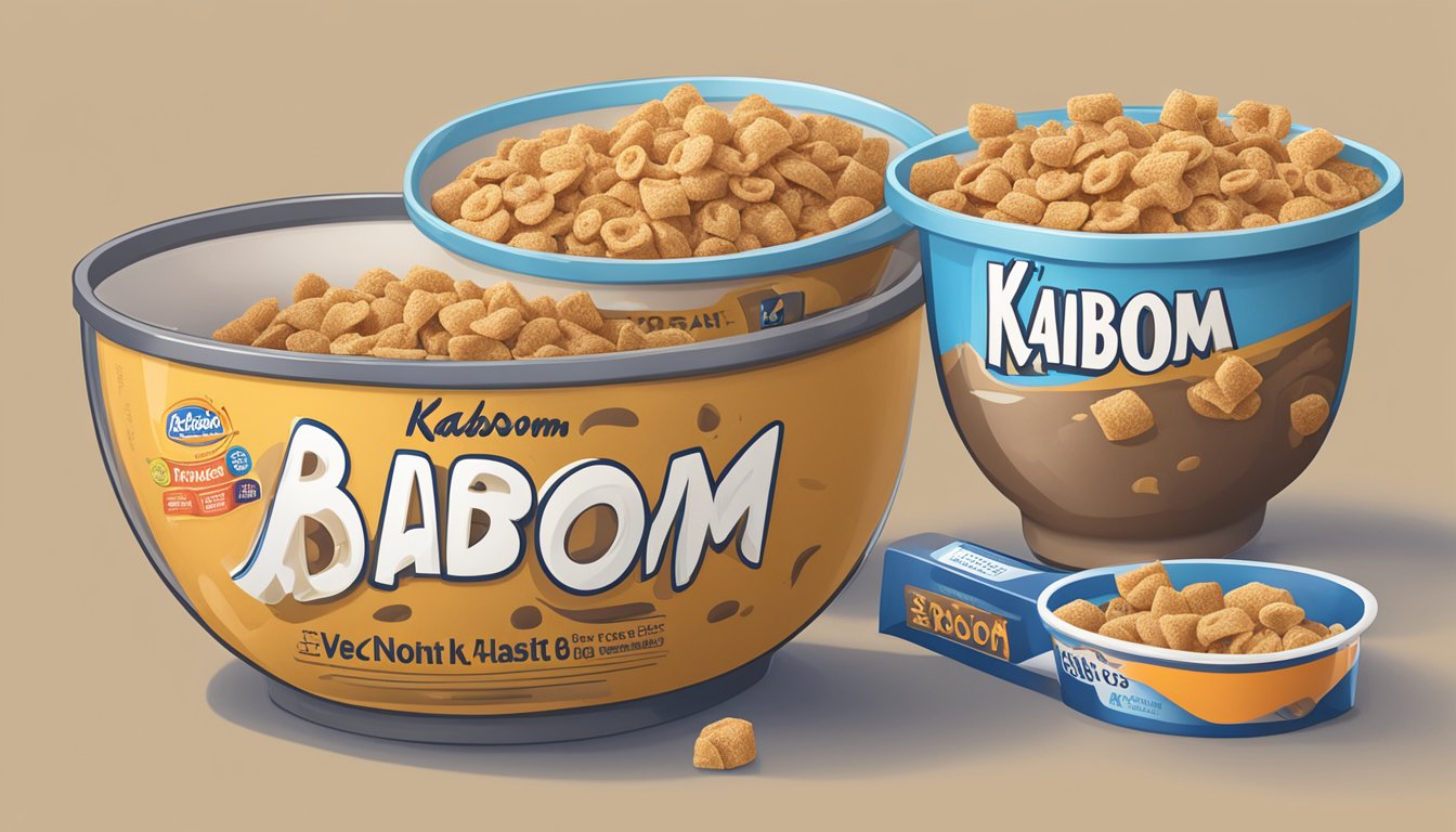 A bowl of All Bran and a bowl of Kaboom cereal next to each other, with a measuring tape and a nutrition label in the background