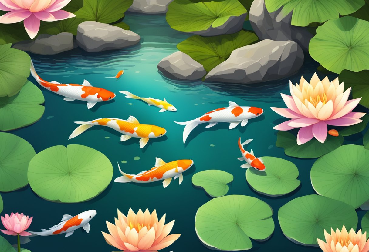 A serene pond with colorful koi fish swimming among water lilies and rocks, surrounded by lush green plants and a peaceful, natural setting