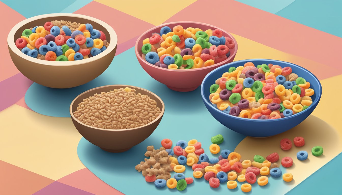 A bowl of All Bran next to a bowl of Kellogg's Froot Loops, surrounded by various fruits and whole grains