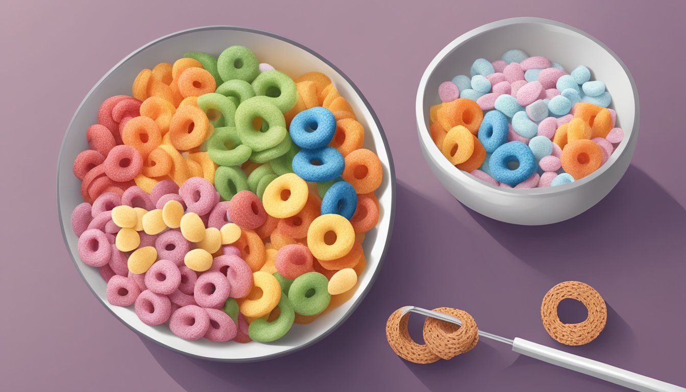 A bowl of All Bran and a bowl of Kellogg's Froot Loops side by side, with a measuring tape wrapped around each to emphasize the concept of comparison in terms of healthiness