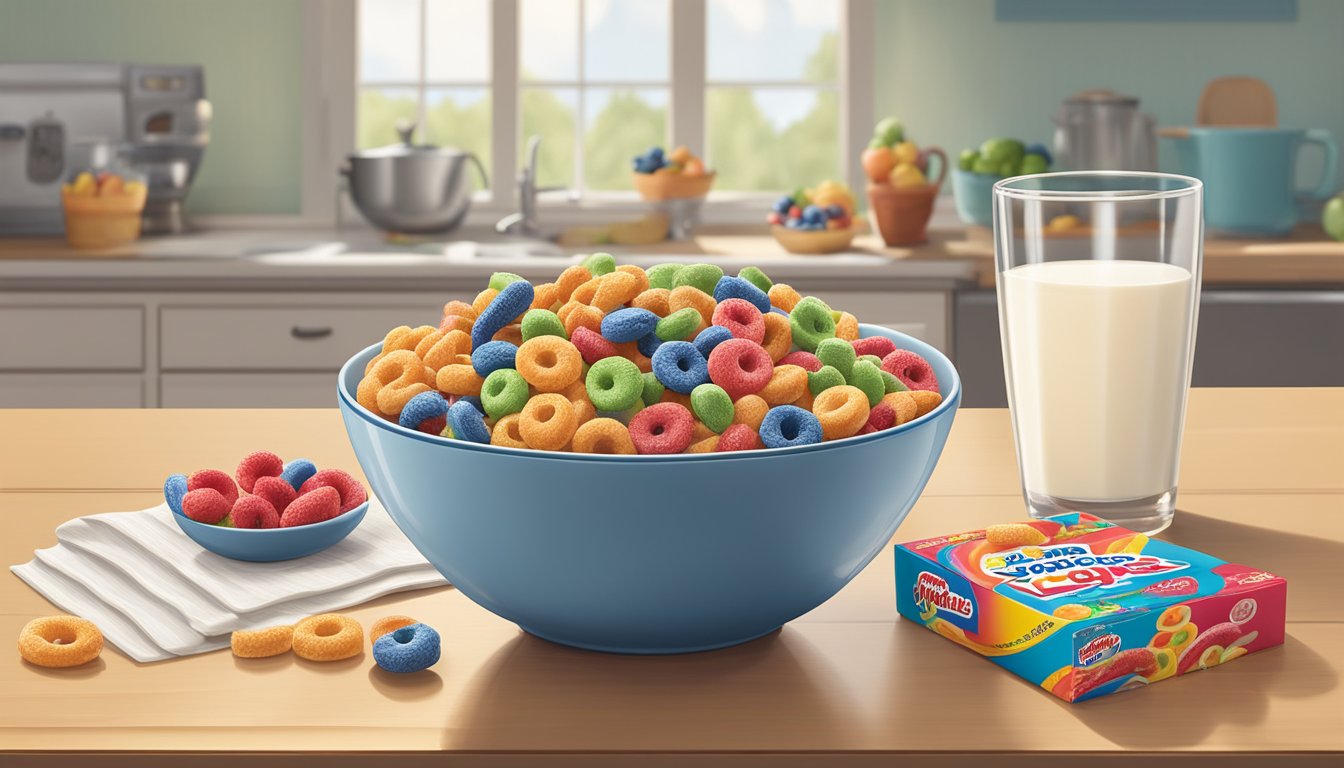 A bowl of All-Bran and a bowl of Kellogg's Froot Loops sit side by side on a kitchen table, surrounded by fresh fruit and a glass of milk