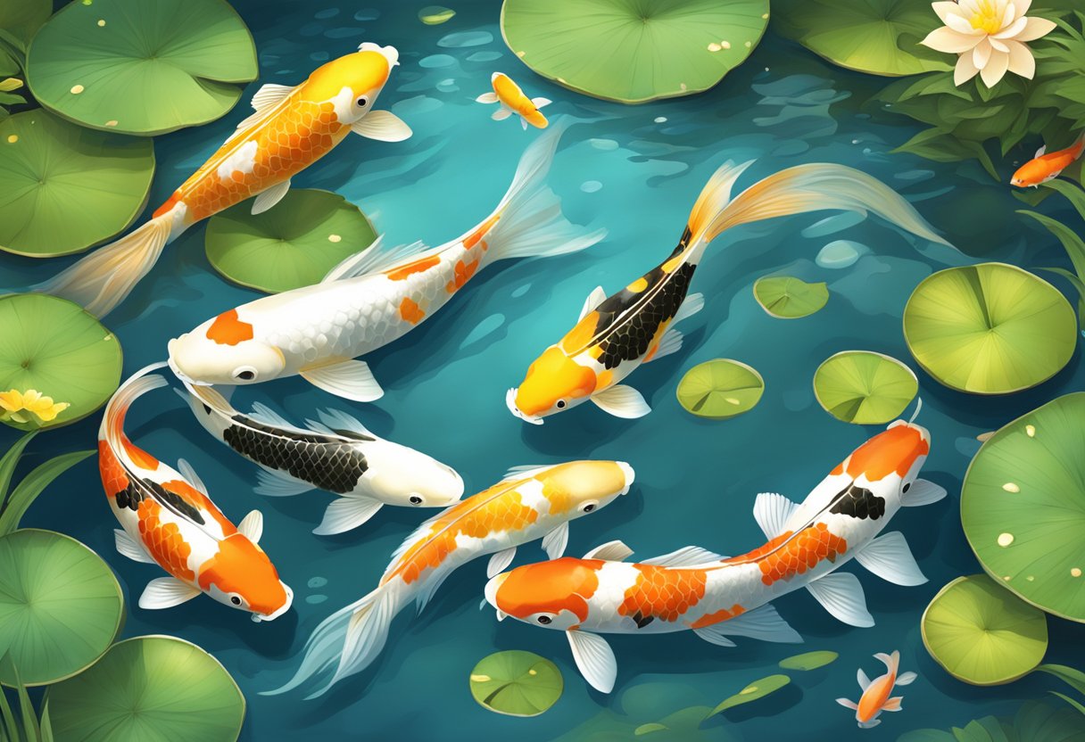 A serene koi pond with clear water, lush aquatic plants, and colorful koi fish swimming gracefully