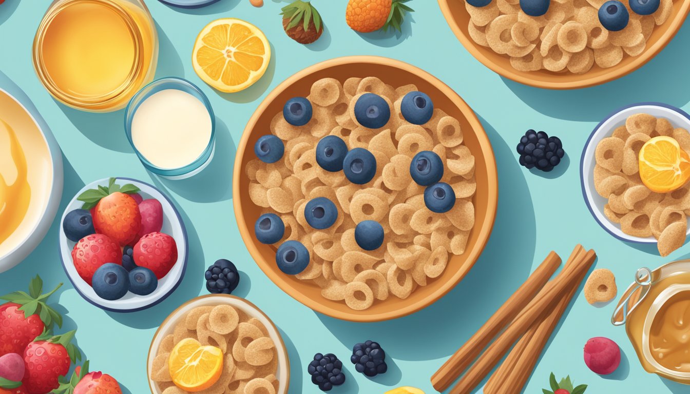 A bowl of All-Bran and a bowl of Honey Oh's cereal sit side by side, surrounded by a variety of colorful fruits and a glass of milk