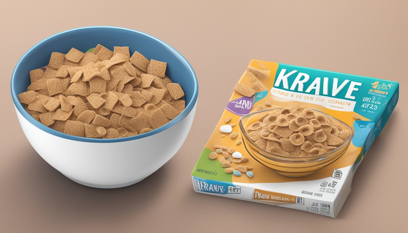 A bowl of All Bran and a bowl of Krave cereal next to each other, with a nutrition label displayed for each