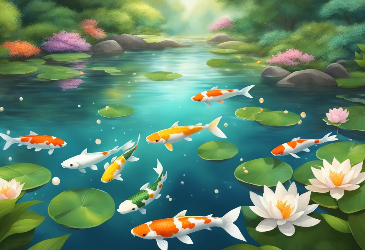 A serene pond with colorful koi fish swimming eagerly towards floating pellets of food. Surrounding greenery adds to the peaceful atmosphere