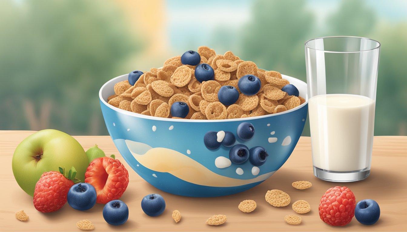 A bowl of All-Bran and a bowl of Krave cereal sit side by side on a table, surrounded by various fruits and a glass of milk