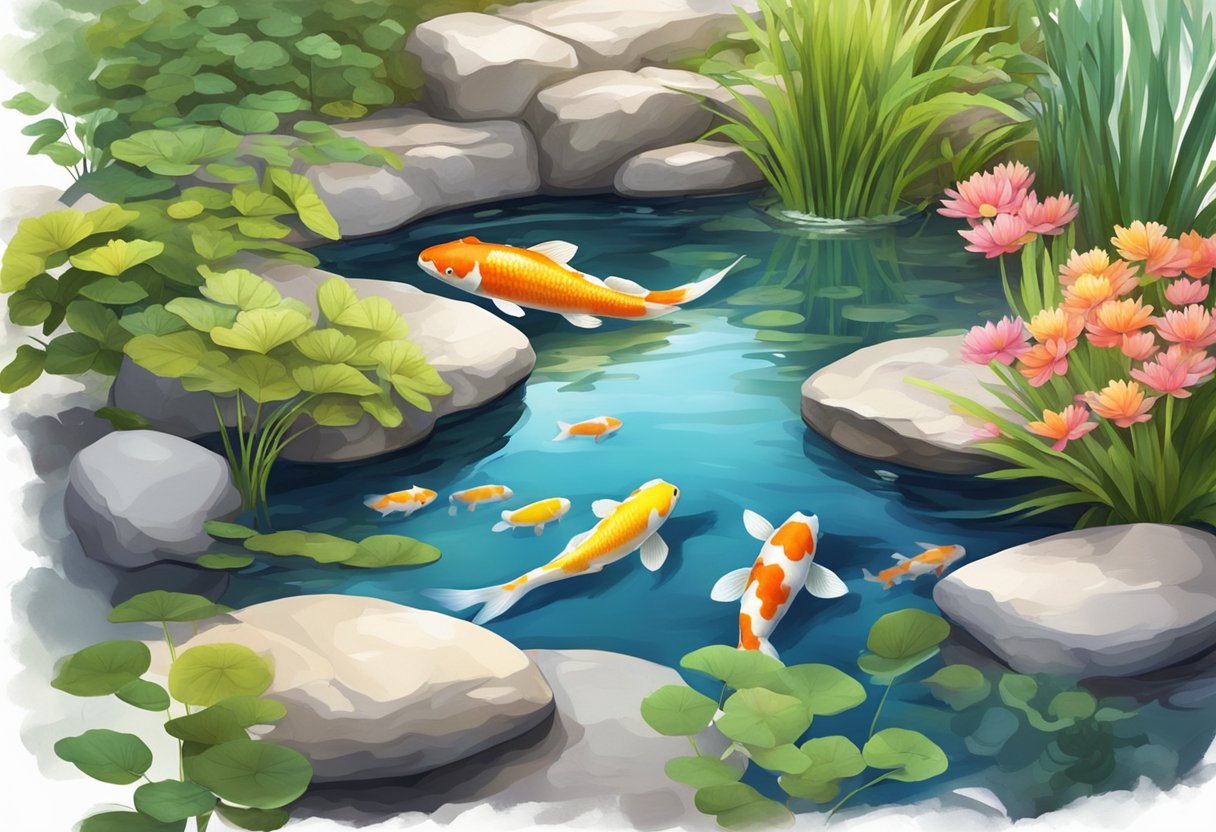 A serene backyard pond with colorful koi fish swimming gracefully among lush aquatic plants and smooth, weathered stones