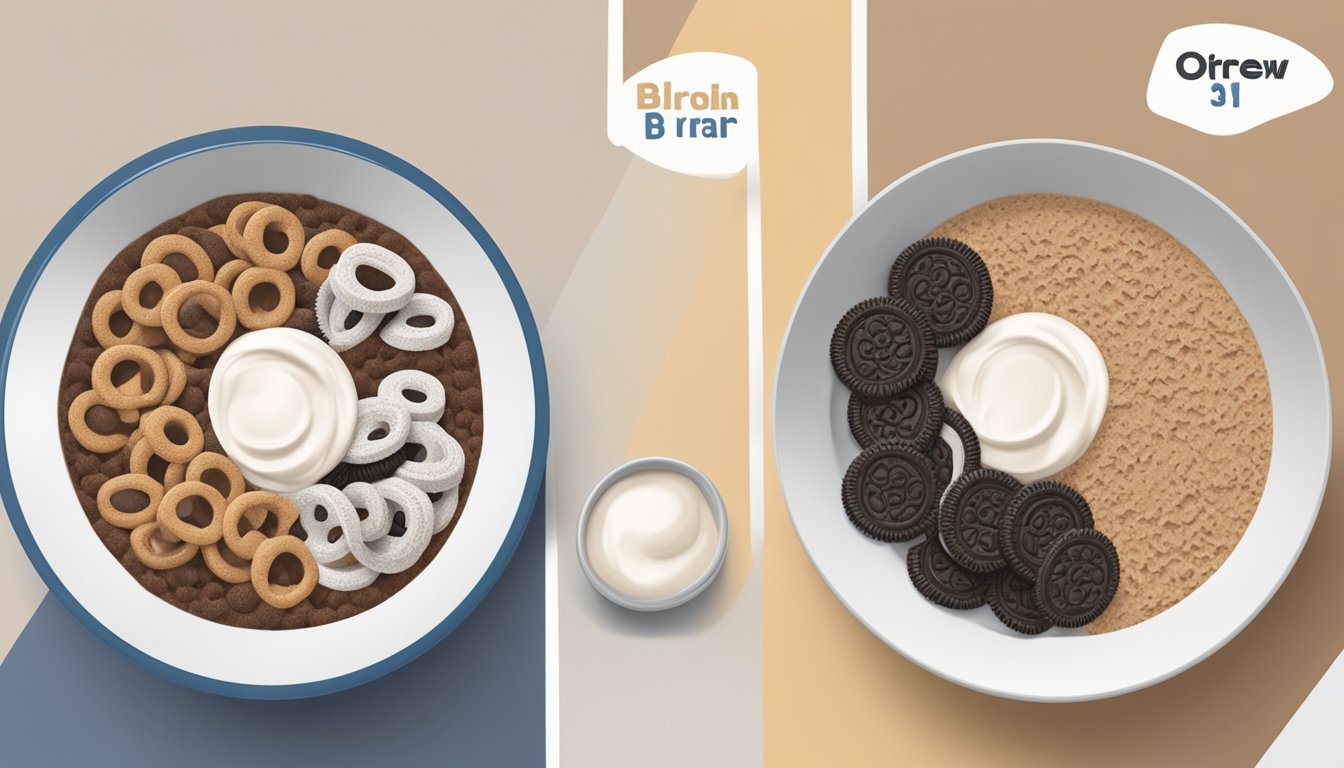 A bowl of All-Bran and a bowl of Oreo O's side by side, with nutritional labels next to each