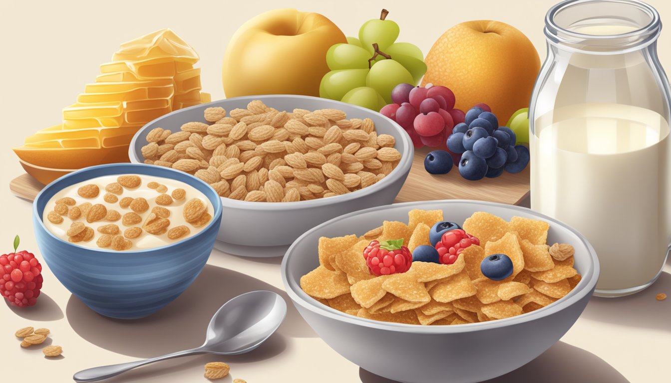 A bowl of All-Bran cereal next to a bowl of Honey Ohs, surrounded by various fruits and a glass of milk