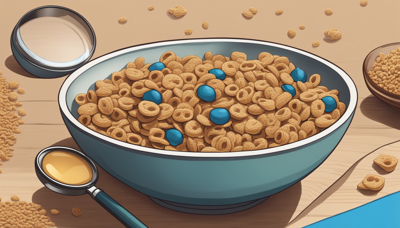 A bowl of All Bran and Krave cereal side by side, with a magnifying glass analyzing the ingredients