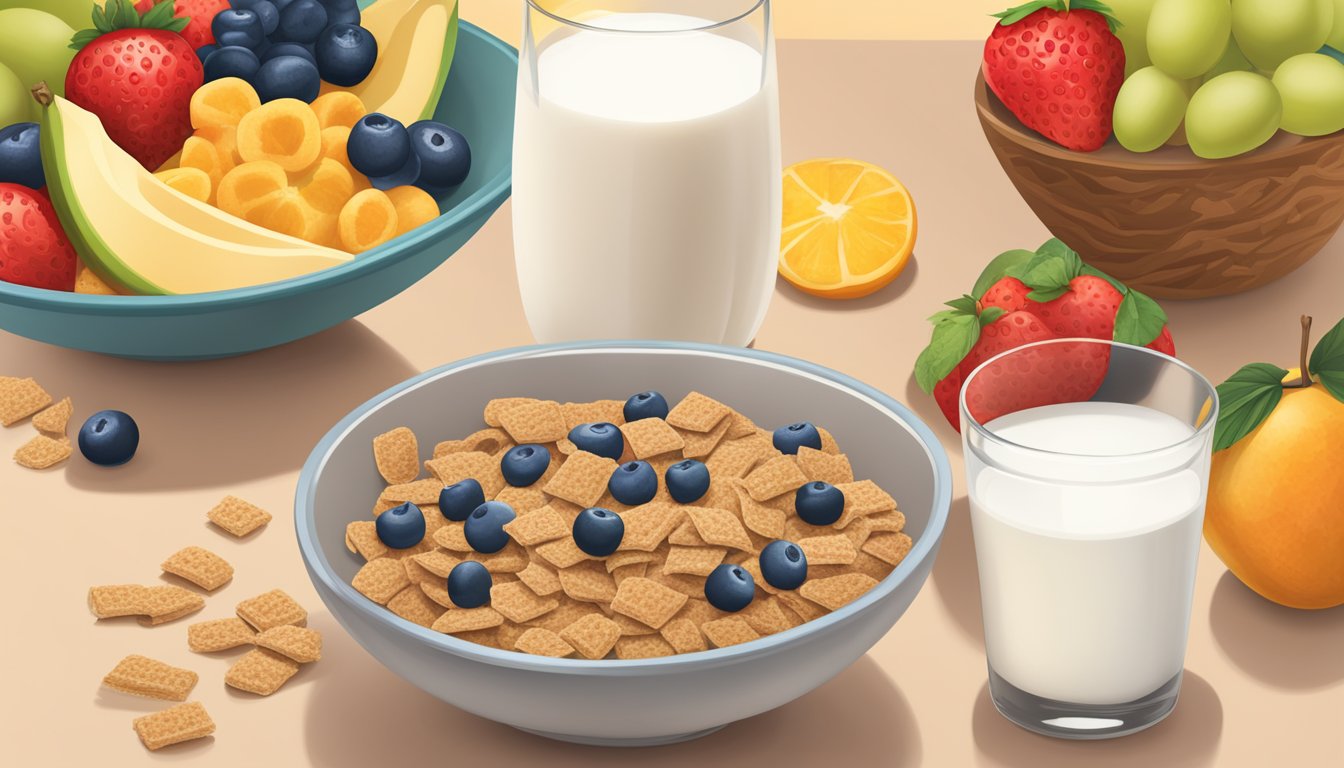 A bowl of All Bran and Krave cereal side by side, surrounded by a variety of fresh fruits and a glass of milk, with a nutrition label in the background