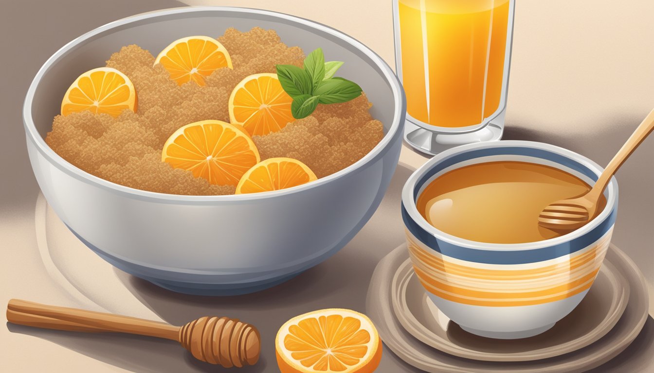 A bowl of all-bran and a bowl of honey ohs sit side by side on a table, surrounded by fresh fruit and a glass of orange juice