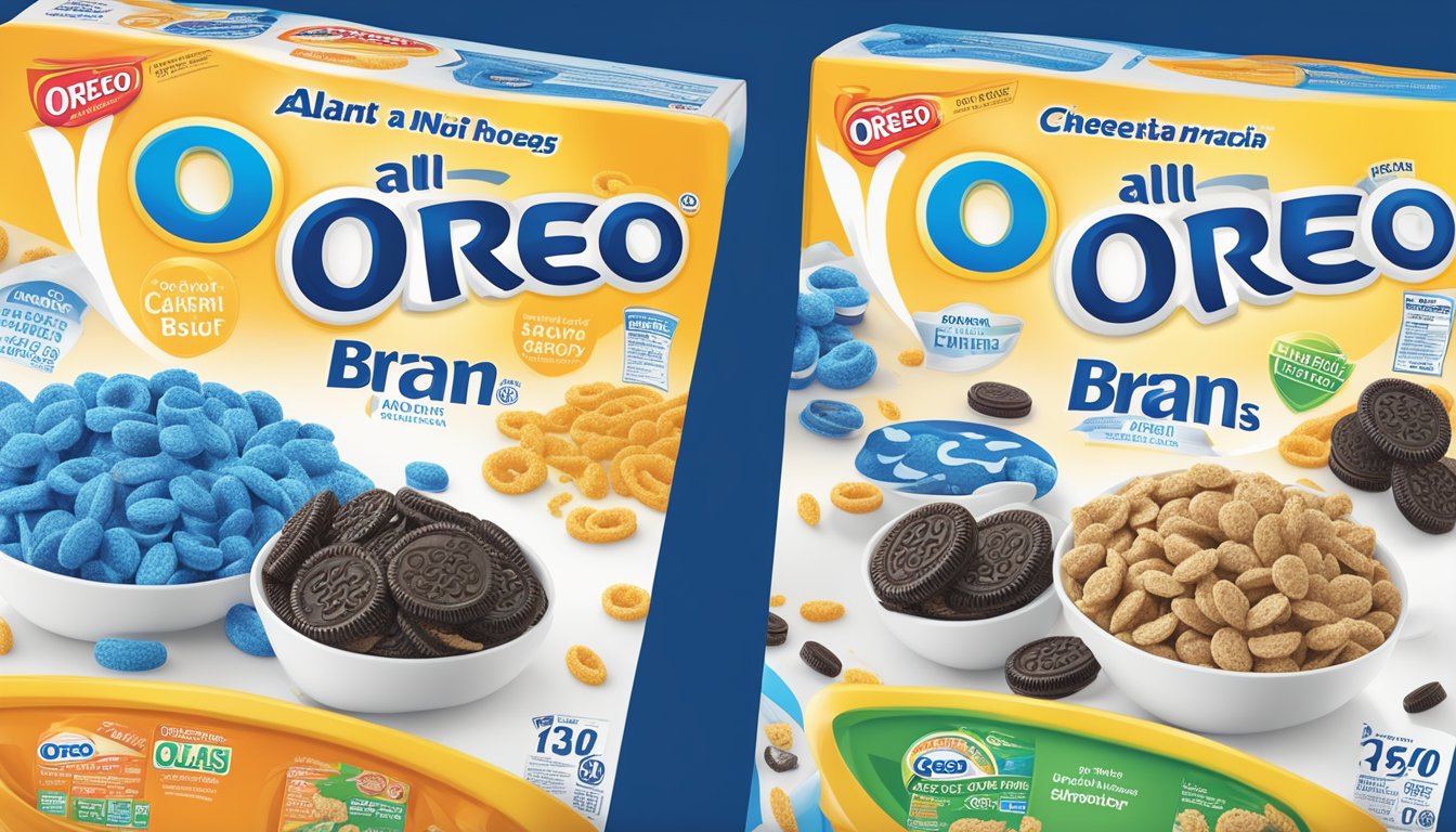 A comparison of All-Bran and Oreo O's cereal boxes with nutritional information and marketing claims displayed