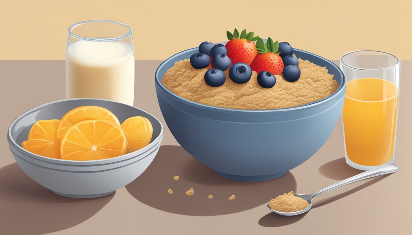 A bowl of All-Bran and a bowl of Honey Ohs sit side by side, surrounded by fresh fruit and a glass of milk