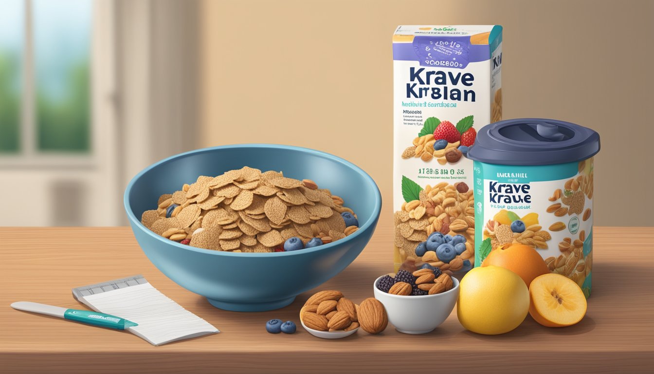 A bowl of All-Bran and Krave cereal side by side, surrounded by fresh fruits and nuts, with a measuring tape and a nutrition label in the background