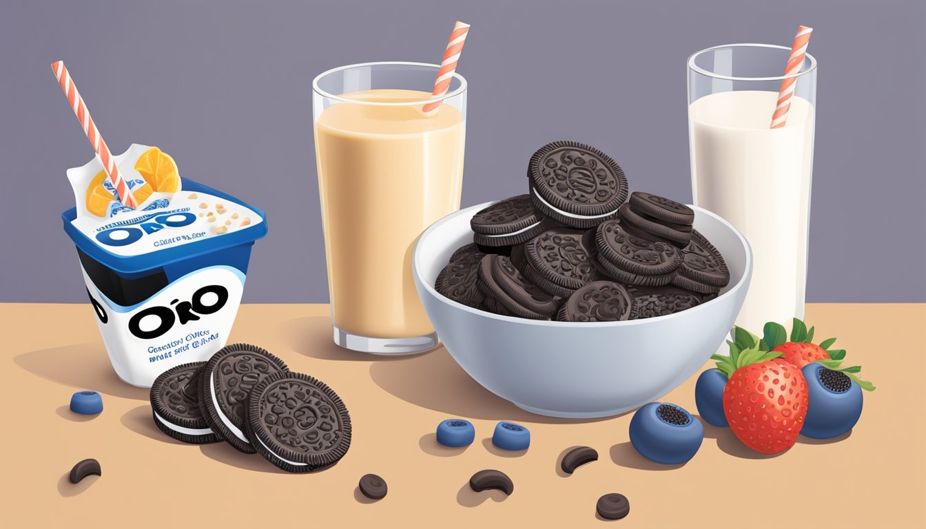 A bowl of All Bran cereal next to a bowl of Oreo O's cereal, surrounded by fresh fruit and a glass of milk