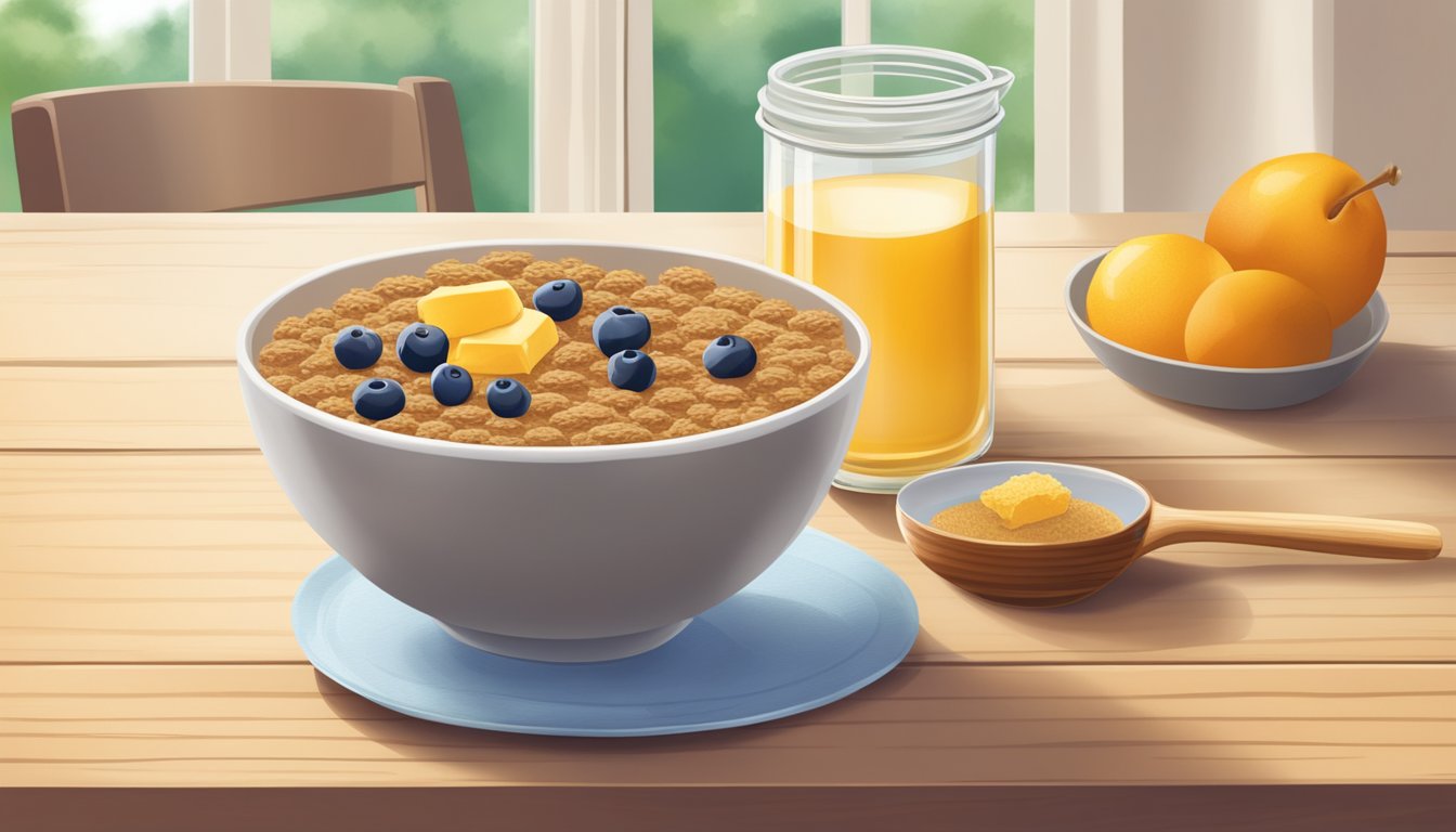 A bowl of All-Bran and a bowl of Honey Oh's sit side by side on a wooden table, surrounded by fresh fruit and a glass of milk