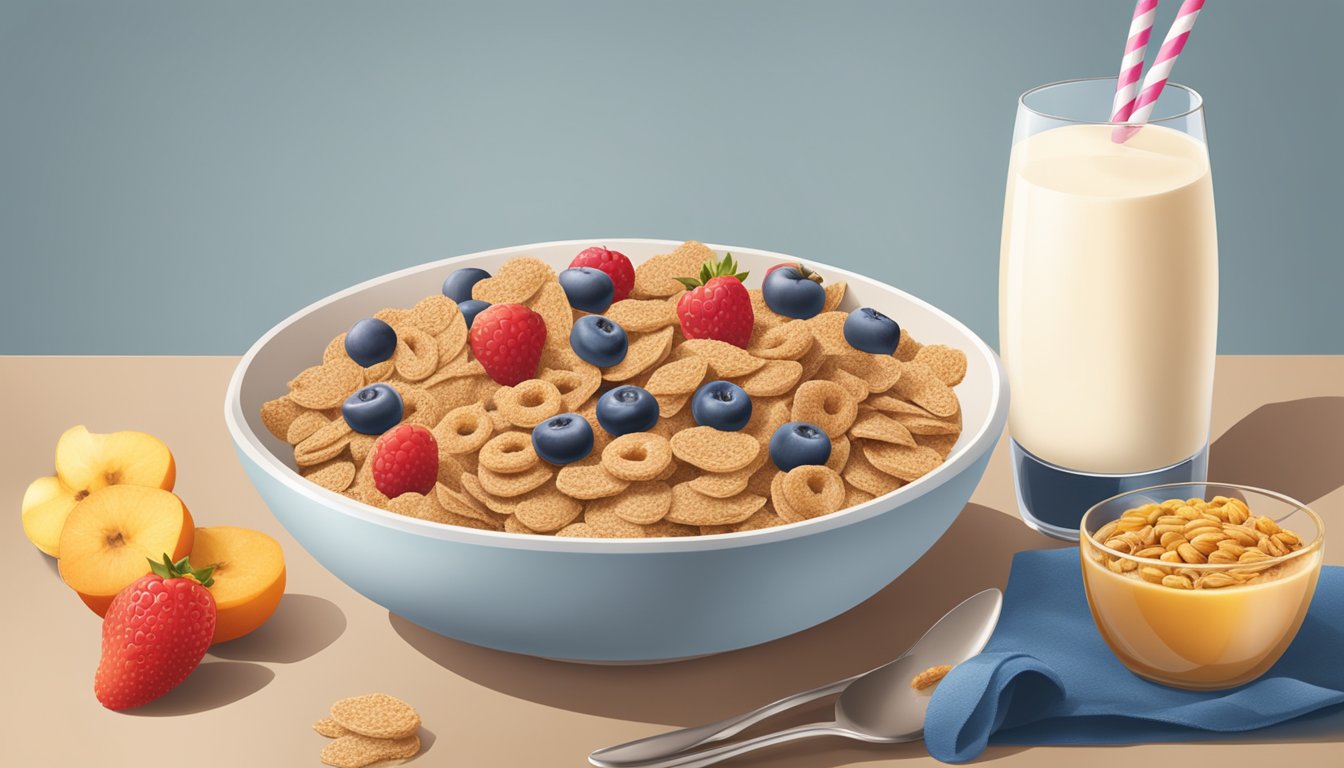 A bowl of All-Bran and a bowl of Krave cereal sit side by side on a table, surrounded by a variety of fruits and a glass of milk