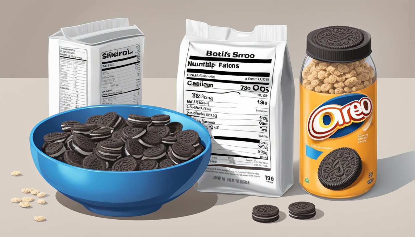 A bowl of All Bran cereal next to a bowl of Oreo O's, with a measuring tape and nutritional information in the background