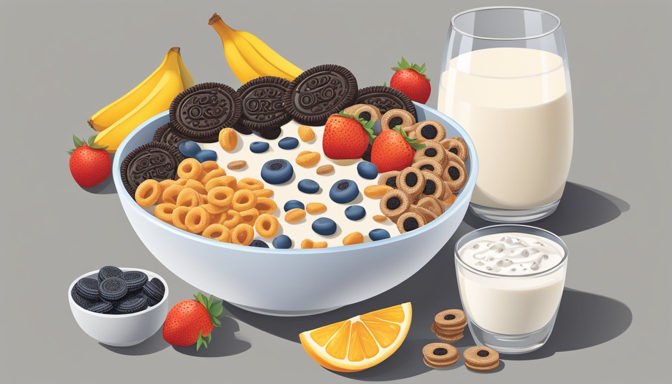 A bowl of All Bran and Oreo O's cereals side by side, surrounded by a variety of fresh fruits and a glass of milk