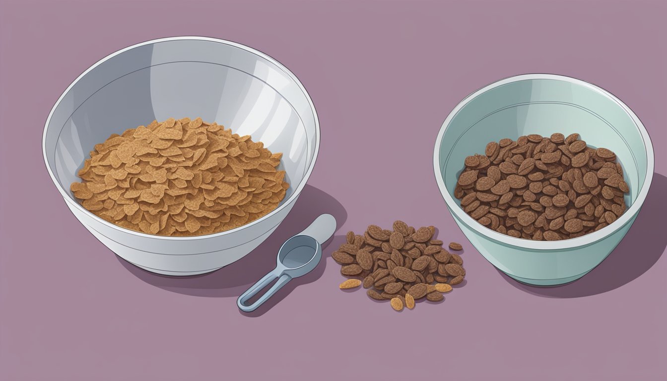 A bowl of All Bran and a bowl of Post Raisin Bran side by side, with a measuring tape and nutritional labels next to each