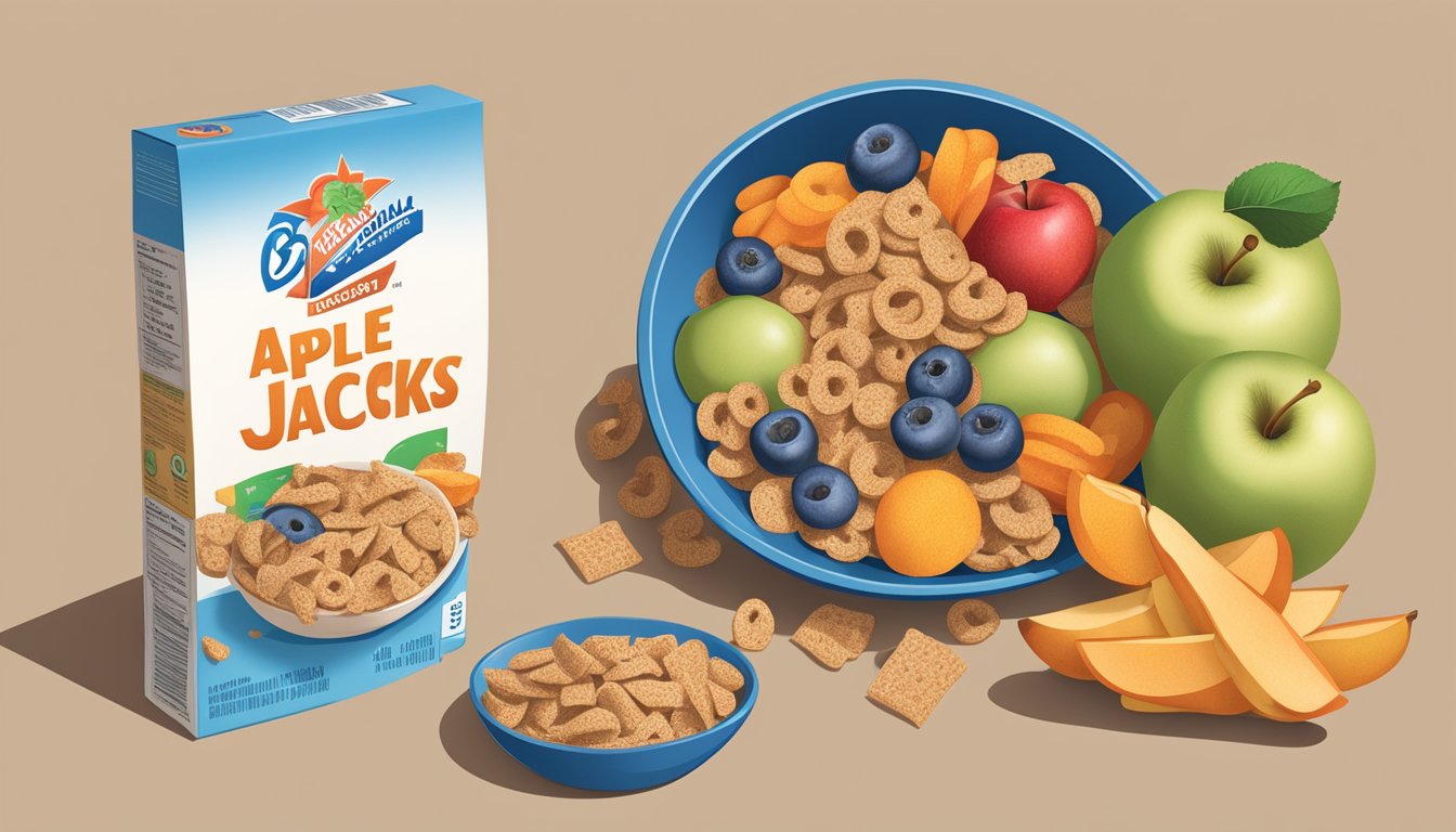 A bowl of All-Bran next to a bowl of Apple Jacks, surrounded by various fruits and a nutritional label