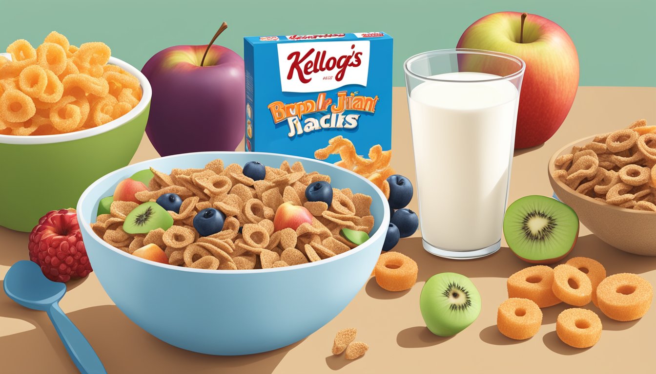 A bowl of All Bran cereal next to a bowl of Kellogg's Apple Jacks, surrounded by a variety of fresh fruits and a glass of milk