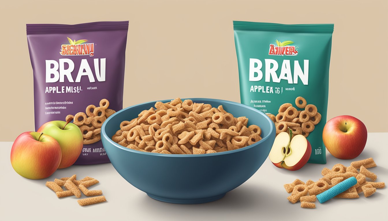 A bowl of All Bran and a bowl of Apple Jacks with nutritional labels beside each