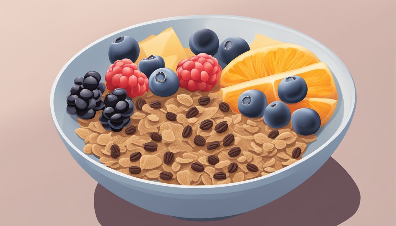 A bowl of All-Bran and a bowl of Post Raisin Bran side by side with fresh fruit and a glass of milk