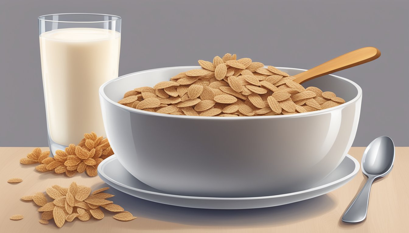 A bowl of All-Bran and Special K cereal next to each other, with a glass of milk and a spoon on the side