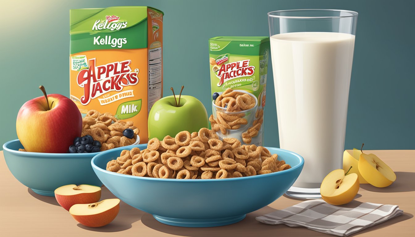 A bowl of Kellogg's Apple Jacks and a bowl of Conclusion All Bran placed side by side on a kitchen counter, surrounded by fresh fruit and a glass of milk