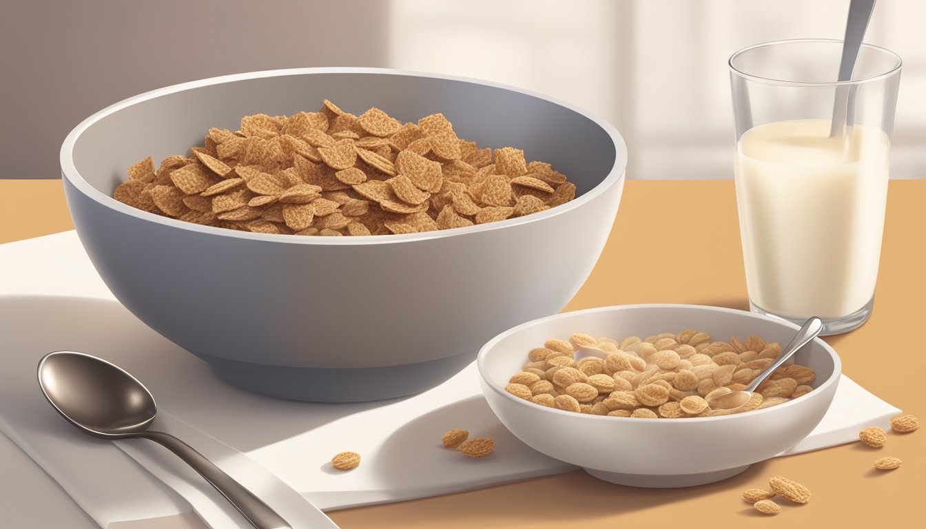 A bowl of All Bran and Special K cereal side by side, with a glass of milk and a spoon, highlighting the differences in taste and texture