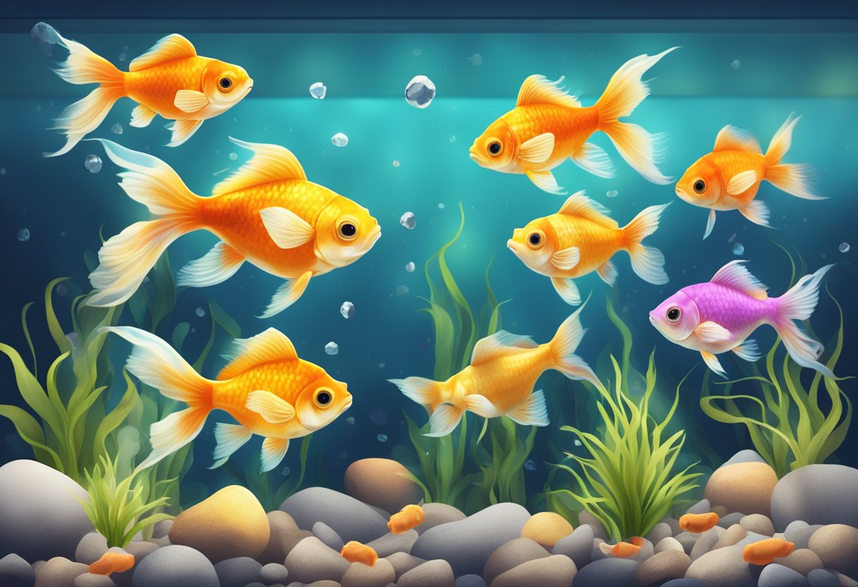 A variety of goldfish swimming in a clear, spacious aquarium with colorful gravel and aquatic plants. Sunshine illuminates the water, showcasing the different shapes and colors of the goldfish