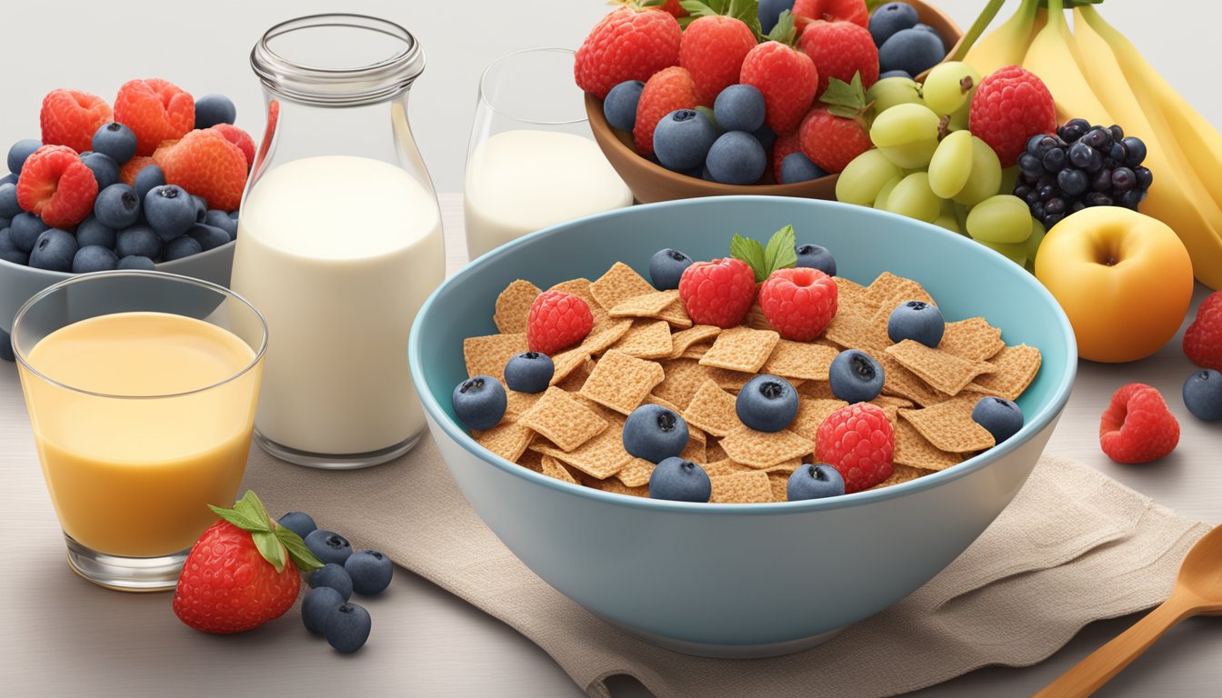 A bowl of All Bran and Special K cereal side by side, surrounded by fresh fruits and a glass of milk