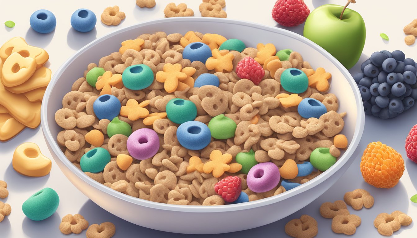 A bowl of All Bran and Lucky Charms side by side, surrounded by fresh fruits and a glass of milk