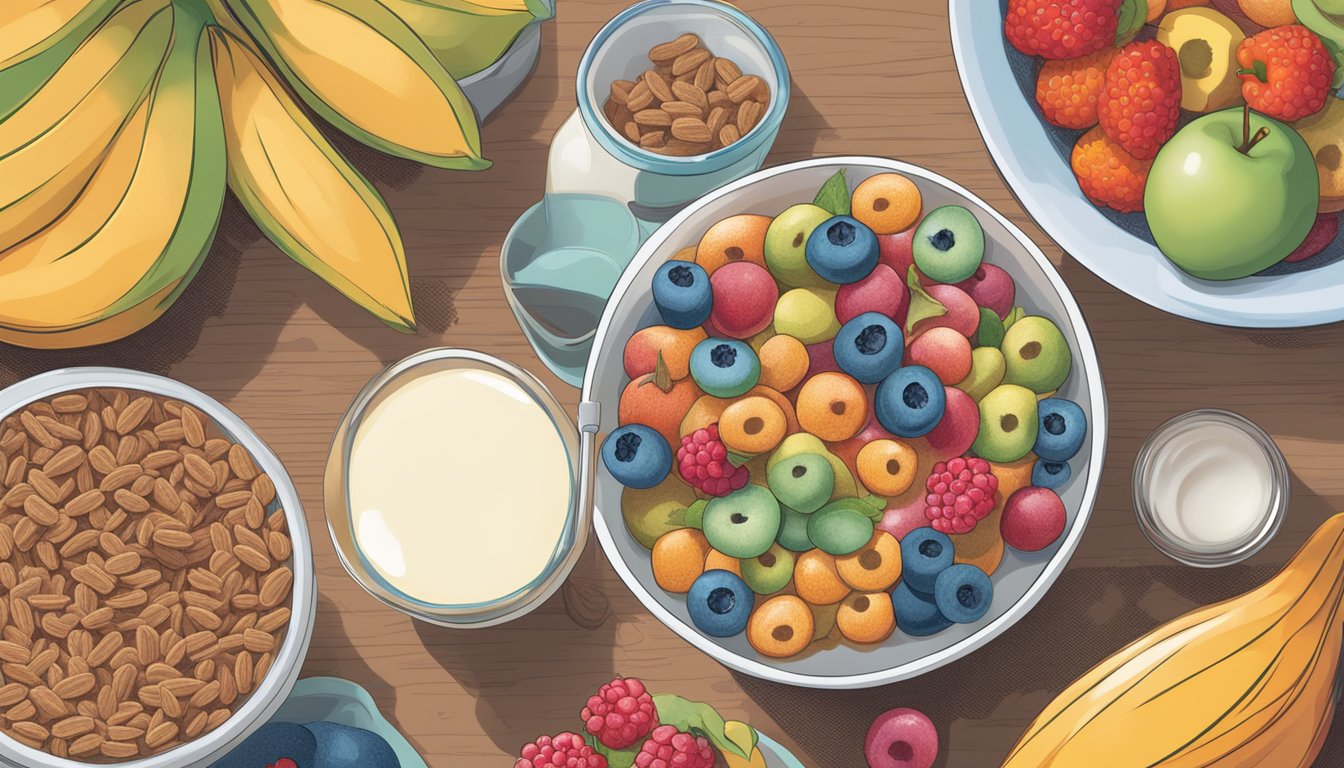 A bowl of All Bran and a bowl of Trix sit side by side, surrounded by various fruits and a glass of milk