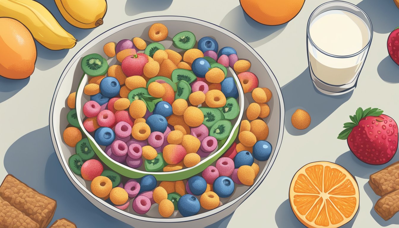 A bowl of All Bran and a bowl of Trix sit side by side, surrounded by various fruits and a glass of milk