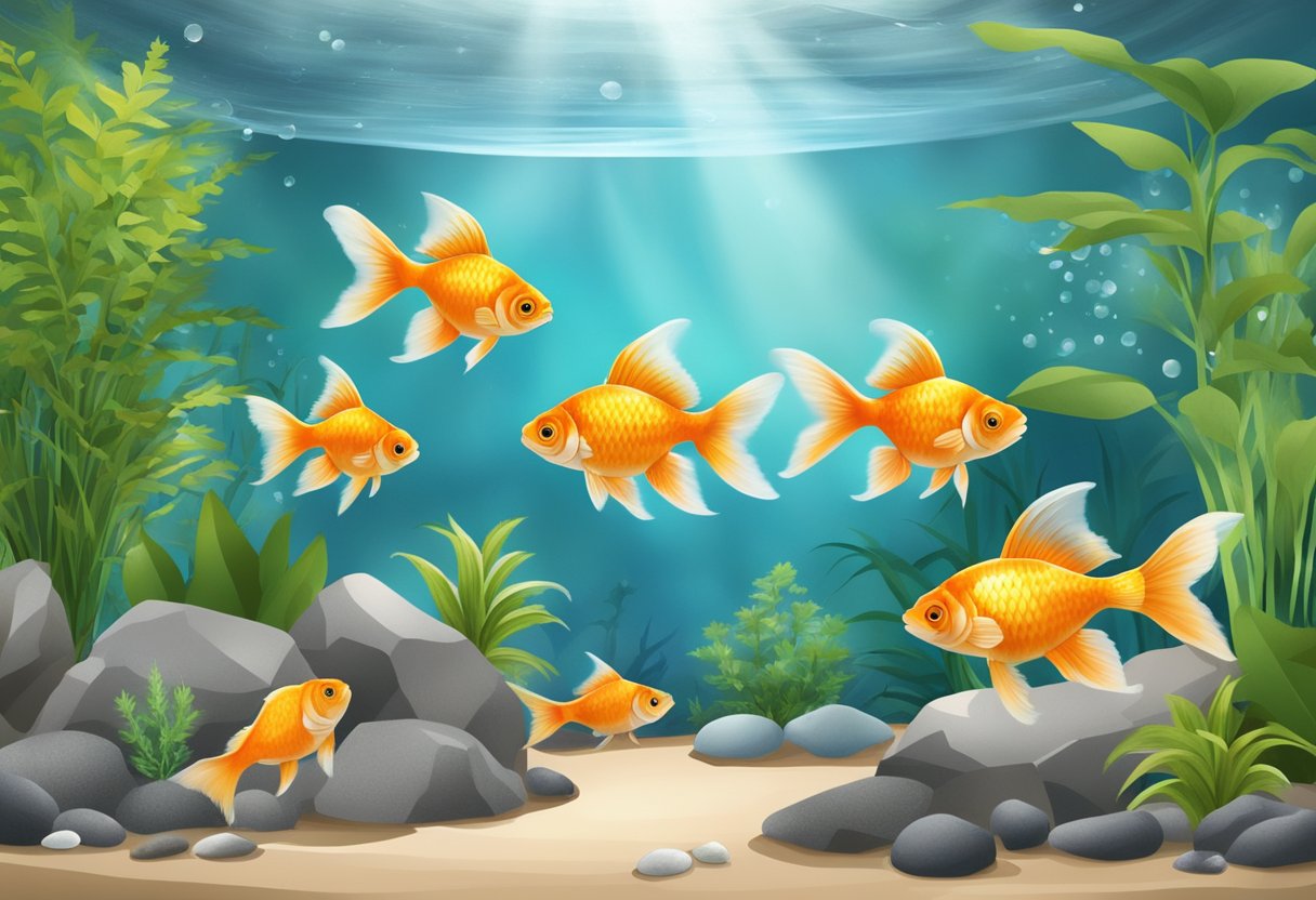 A variety of goldfish swimming in a well-decorated aquarium with plants, rocks, and a bubbly air stone