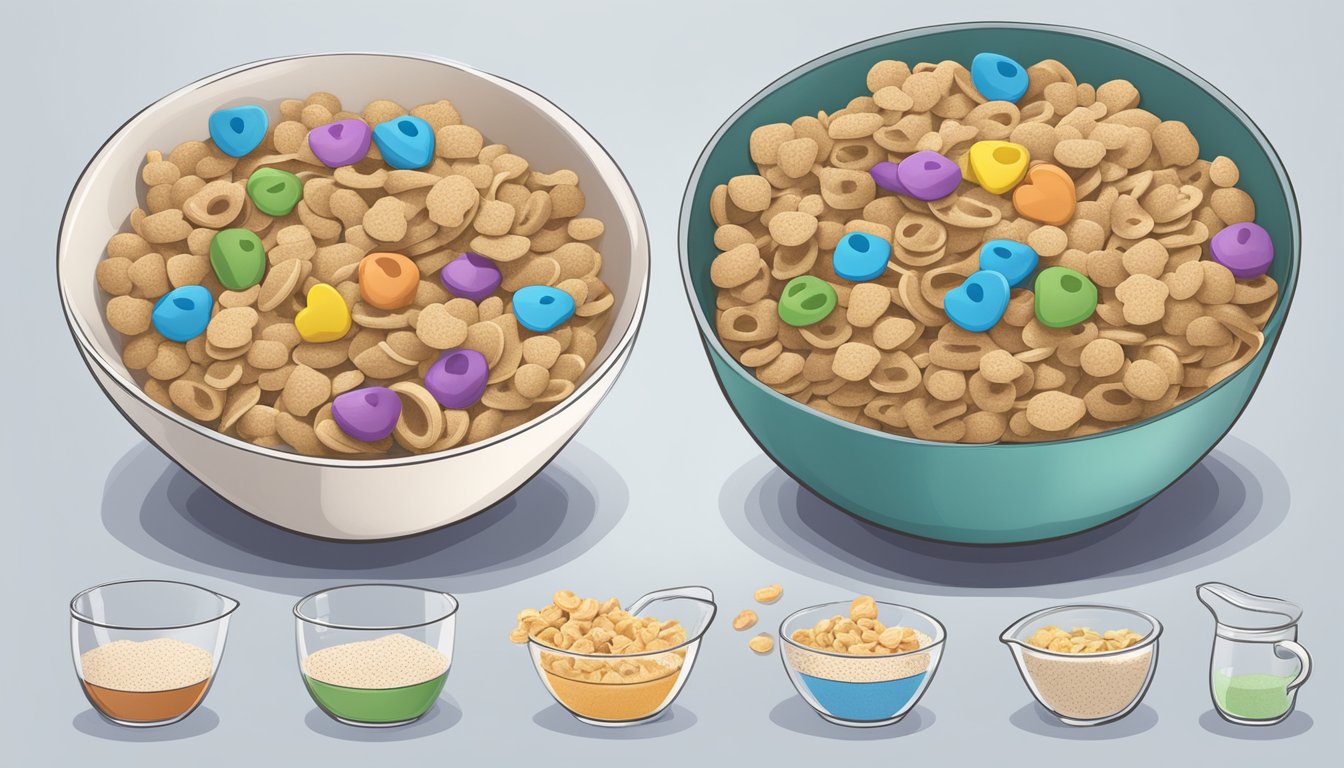 A bowl of All Bran and Lucky Charms side by side, surrounded by measuring cups and nutritional information labels