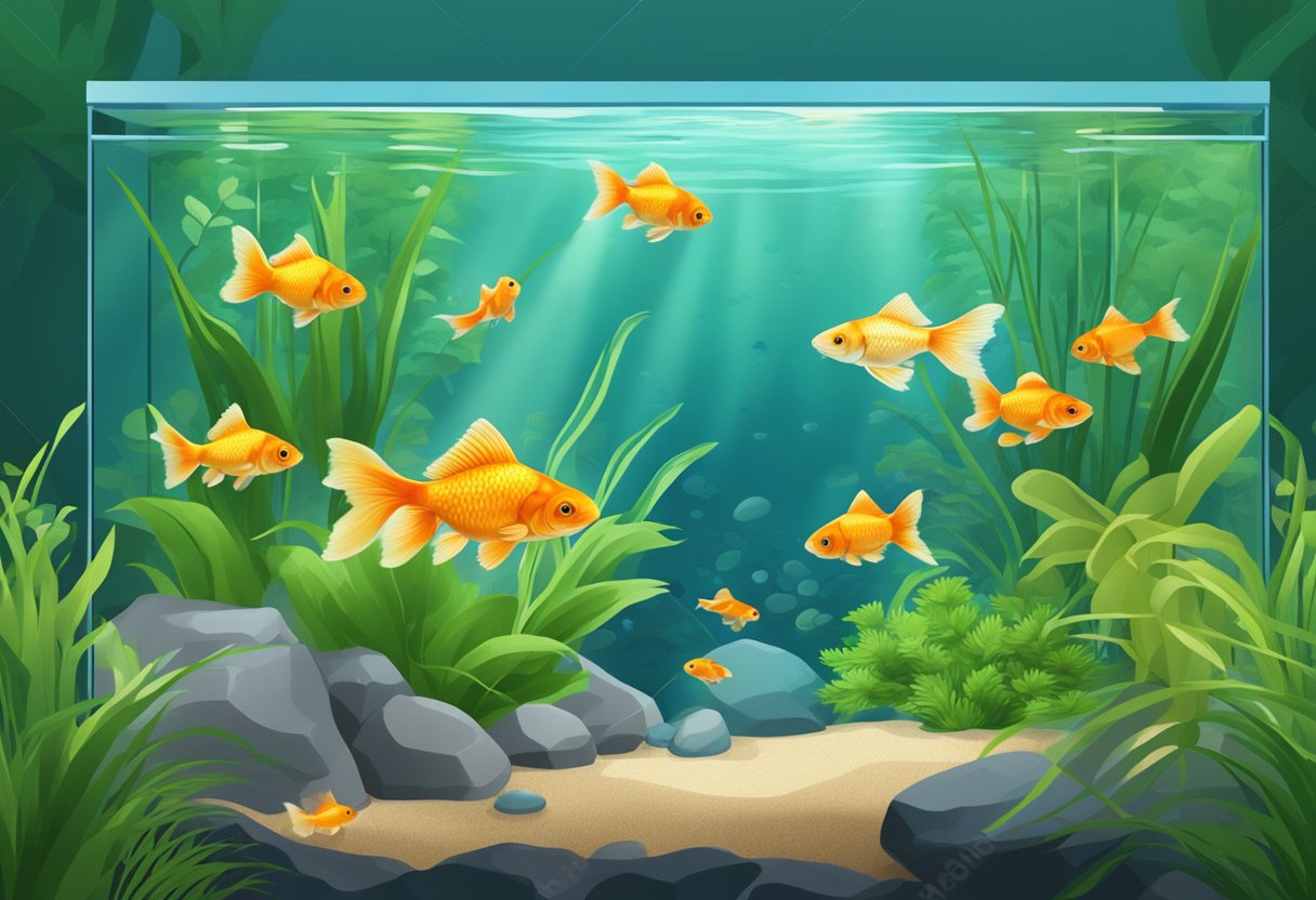 A serene aquarium with a variety of goldfish swimming in clear, well-maintained water, surrounded by lush green aquatic plants and decorative rocks