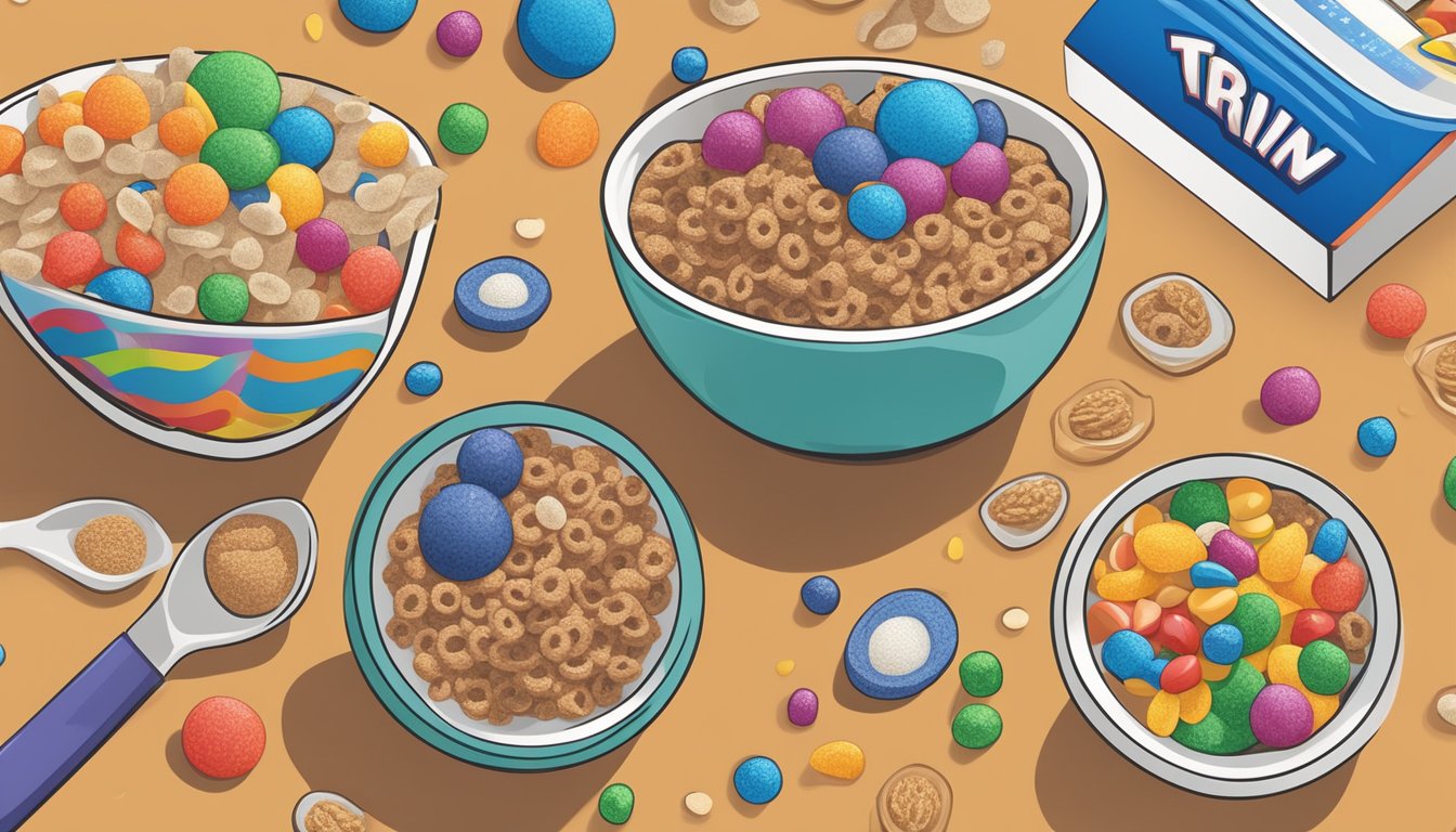 A bowl of all bran and a bowl of Trix cereal side by side, with various ingredients and additives surrounding them, such as whole grains, sugar, and artificial colors