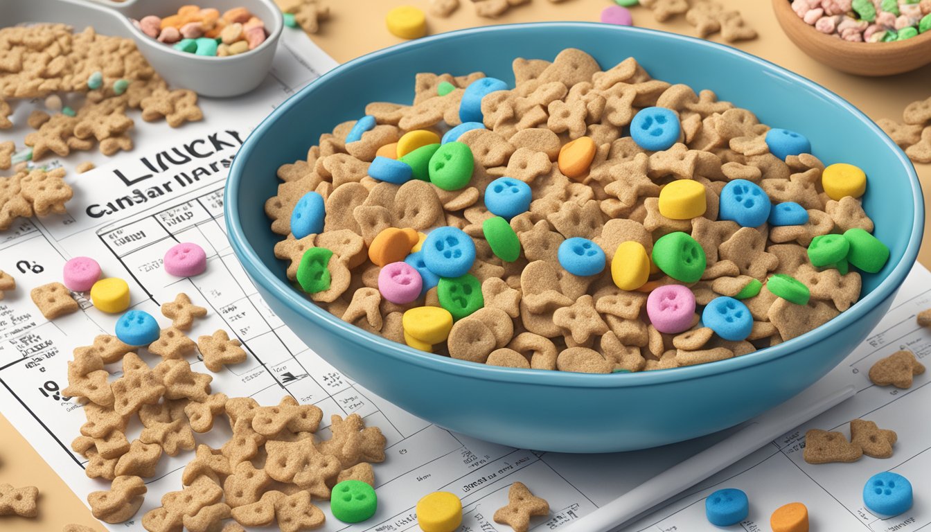 A bowl of All Bran and Lucky Charms side by side, surrounded by scientific charts and consumer ratings