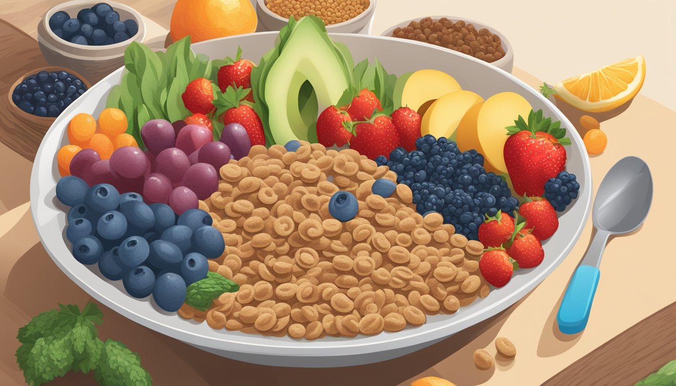 A bowl of All Bran next to a bowl of Trix, surrounded by fresh fruits and vegetables