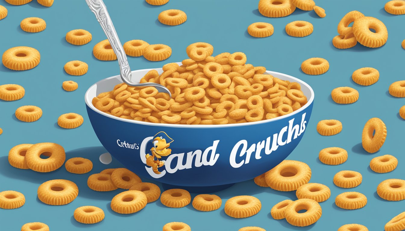 A bowl of Cap'n Crunch cereal and a bowl of Cheerios sit side by side, surrounded by milk and a spoon