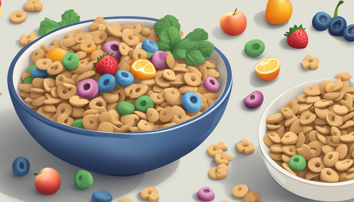 A bowl of all-bran cereal next to a bowl of lucky charms, surrounded by various fruits and vegetables, with a nutrition label in the background