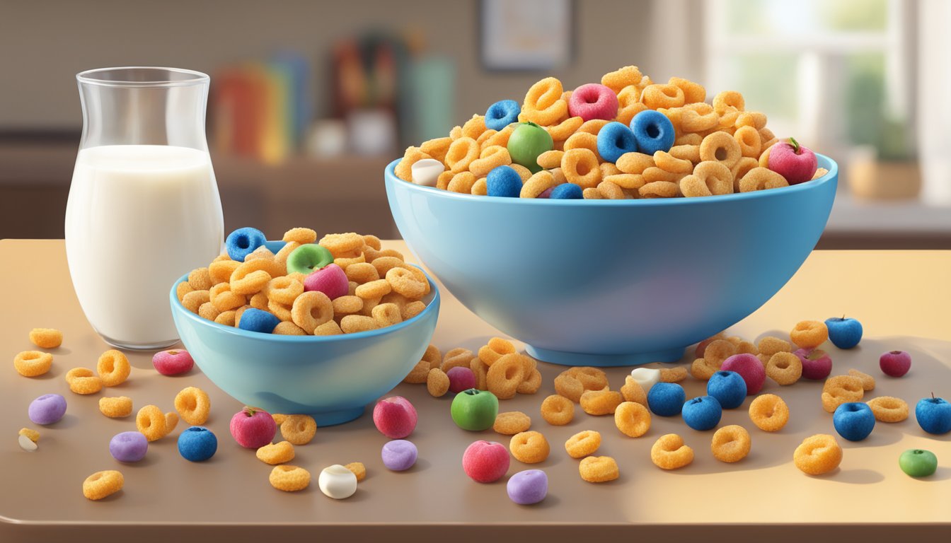 A bowl of Cap'n Crunch cereal next to a bowl of Cheerios, surrounded by a variety of colorful fruits and a glass of milk