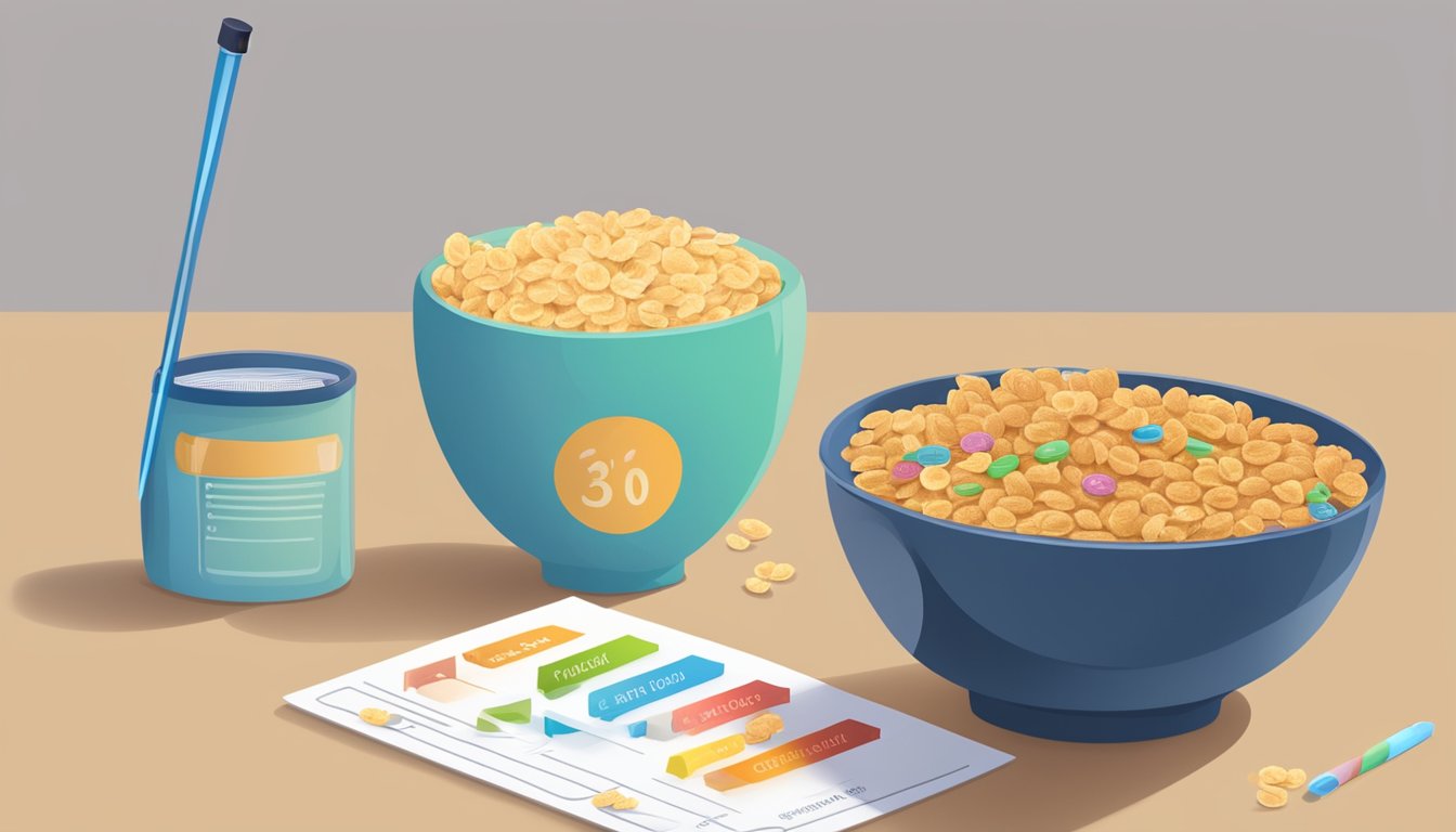 A bowl of cereal with two different types of cereal, a measuring tape, and a nutrition label