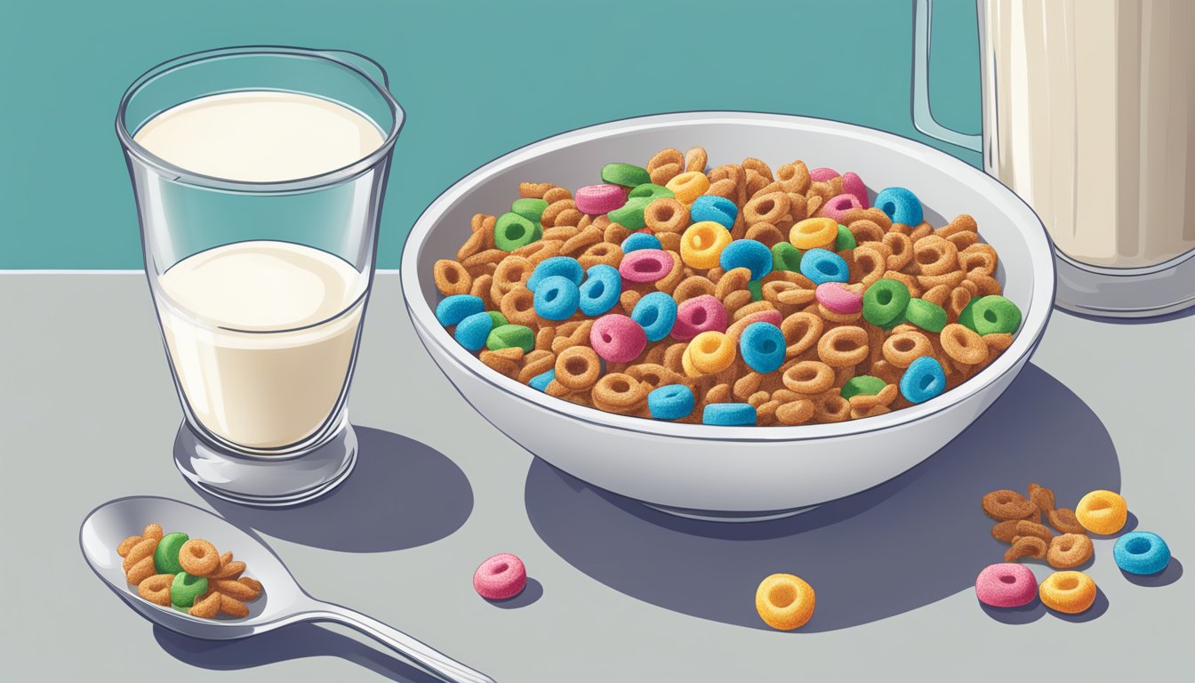 A bowl of Trix and All Bran cereal side by side on a kitchen table, with a glass of milk next to them