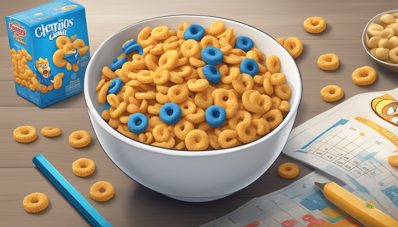 A bowl of Cap'n Crunch and Cheerios side by side, with a measuring tape and nutritional information in the background